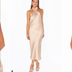 Show Me Your Mumu Jasmine Halter Midi Dress in Champagne Luxe Satin